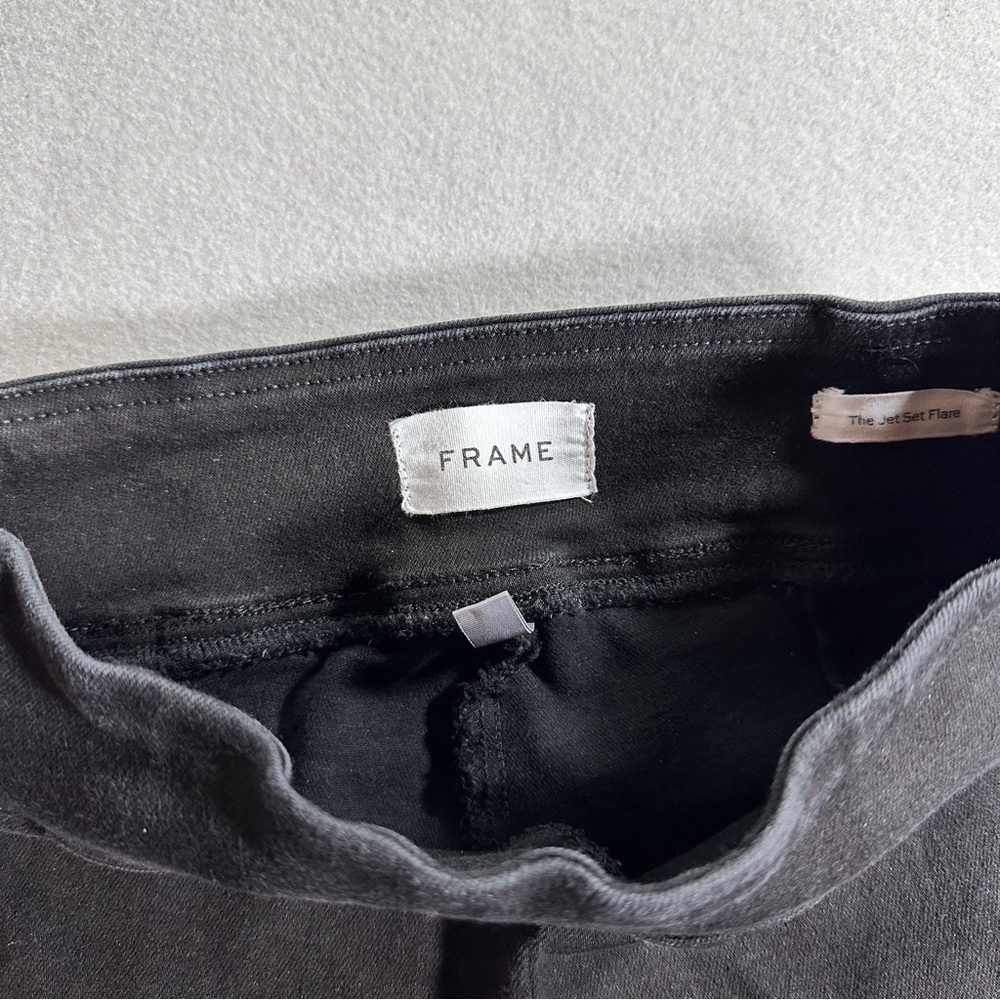 FRAME Jet Set Flare Jeans Womens Size 1‎ Black Sheen Noir High Stretch Denim - Picture 6 of 12